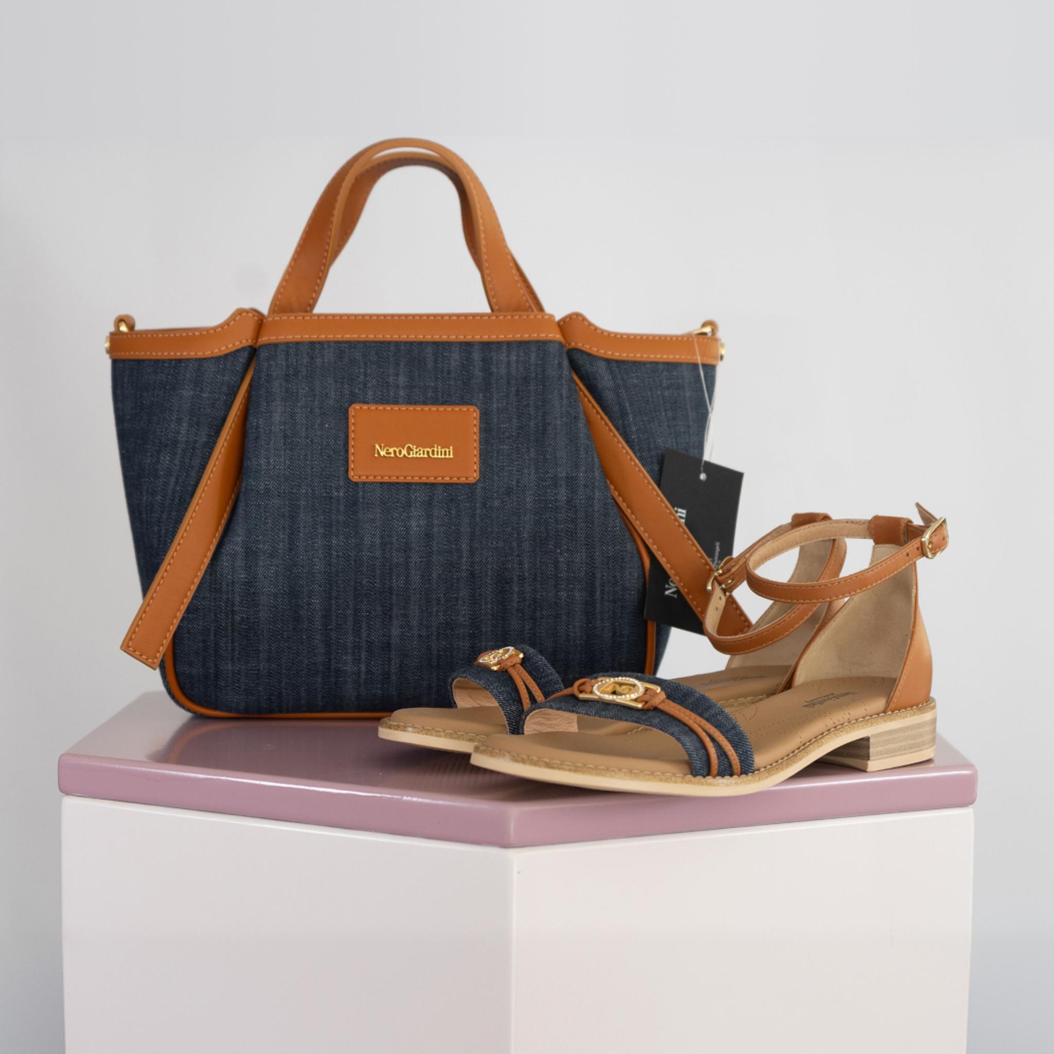 Sandali Nero Giardini in Pelle e Tela Jeans